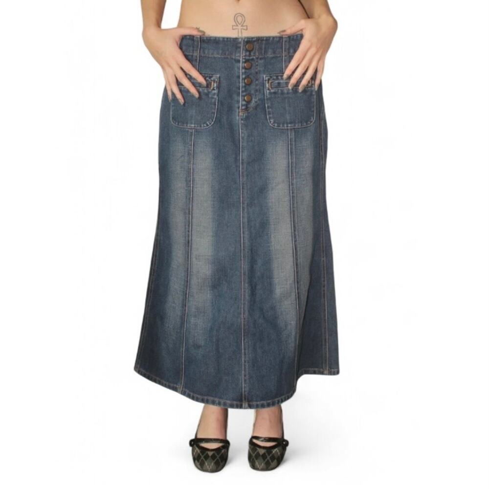 Vintage Gap Y2K Low Rise Blue Denim Maxi Midi Skirt Size 1 28"